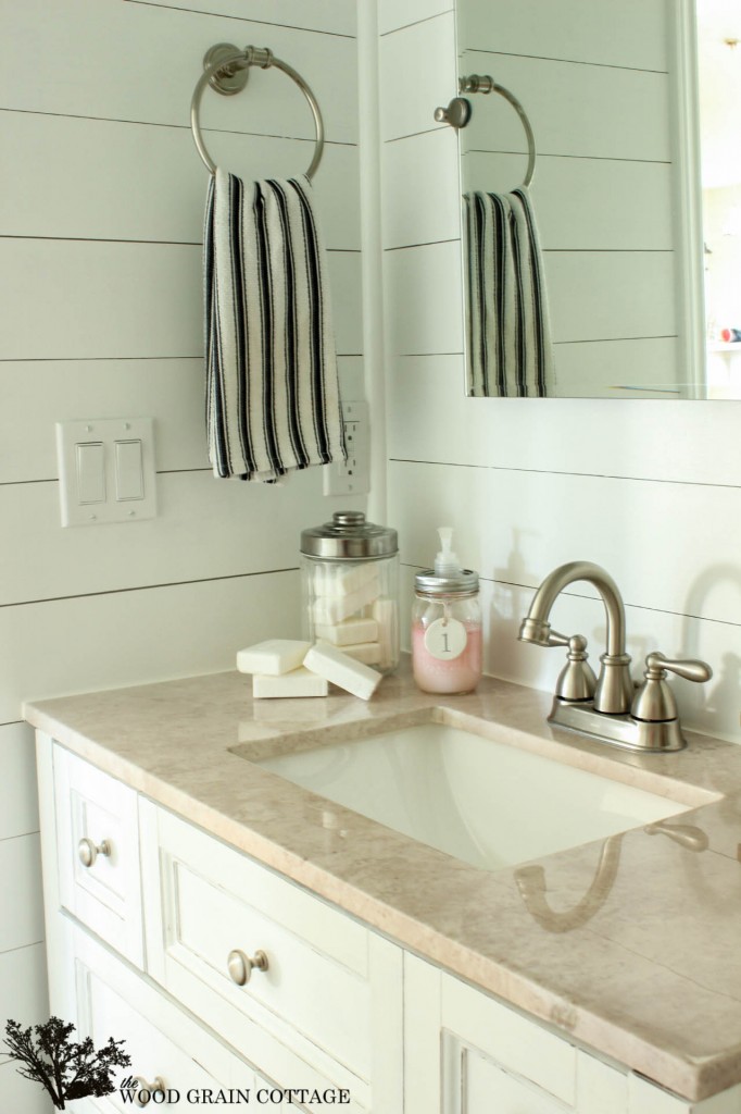 Powder Bathroom Plank Wall Sneak Peak by The Wood Grain Cottage