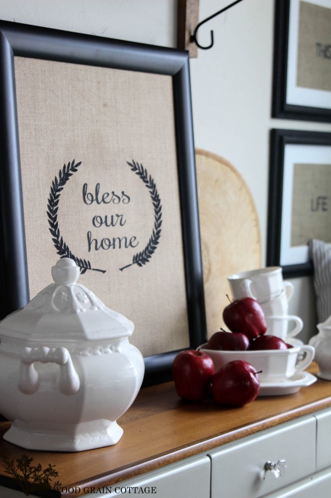 Bless Our Home Burlap Sign by The Wood Grain Cottage
