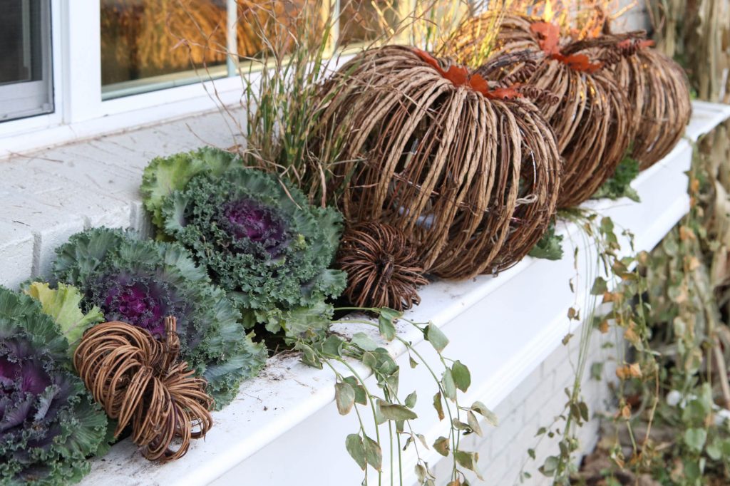 A picture of wicker pumpkins and flowering kale in a white window box.