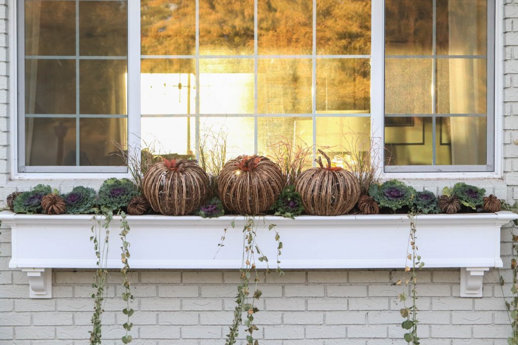 A picture of a large window box with wicker pumpkins and flowering kale with ivy coming over the sides. 