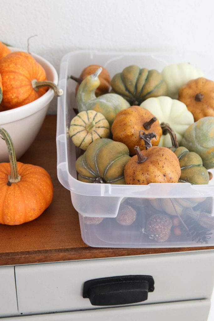 A picture of faux pumpkins in a storage container.