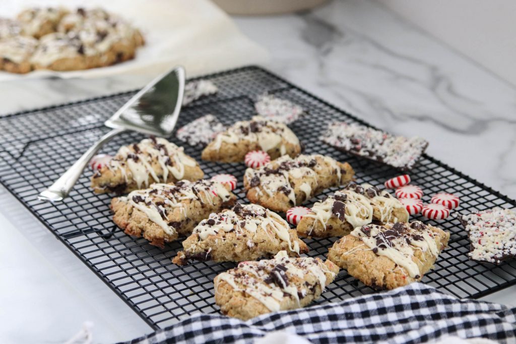 A picture of gluten free peppermint scones on a cooling rack.