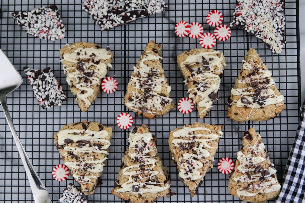 A picture of gluten free peppermint bark scones.
