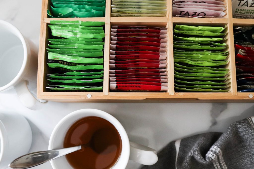 A picture of hot tea packets organized. 