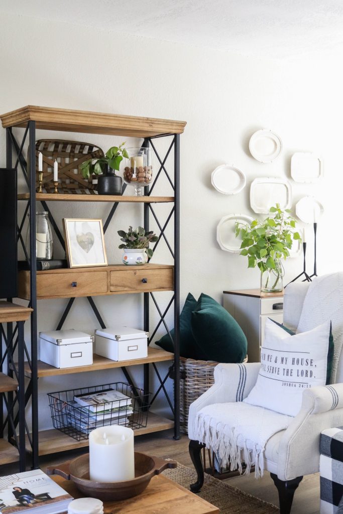 A picture of the living room shelves.