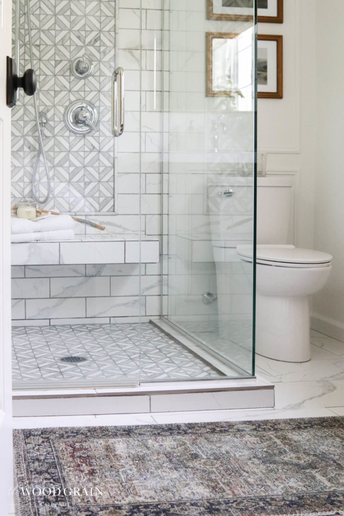 A picture of our master bathroom shower with glass walls. 