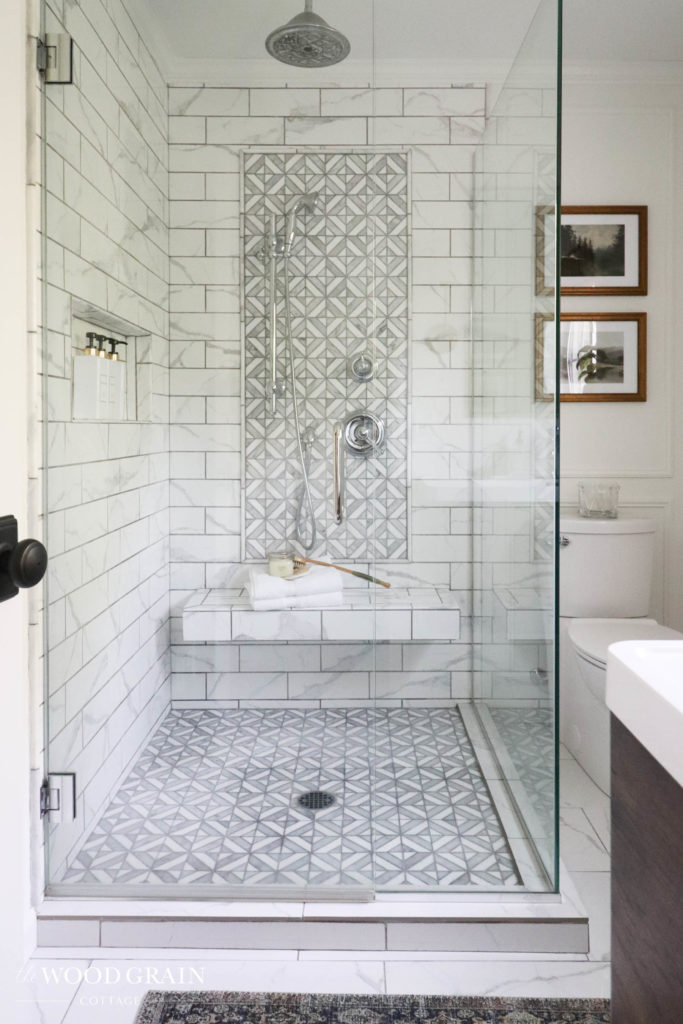 A picture of the bathroom showing the new shower.