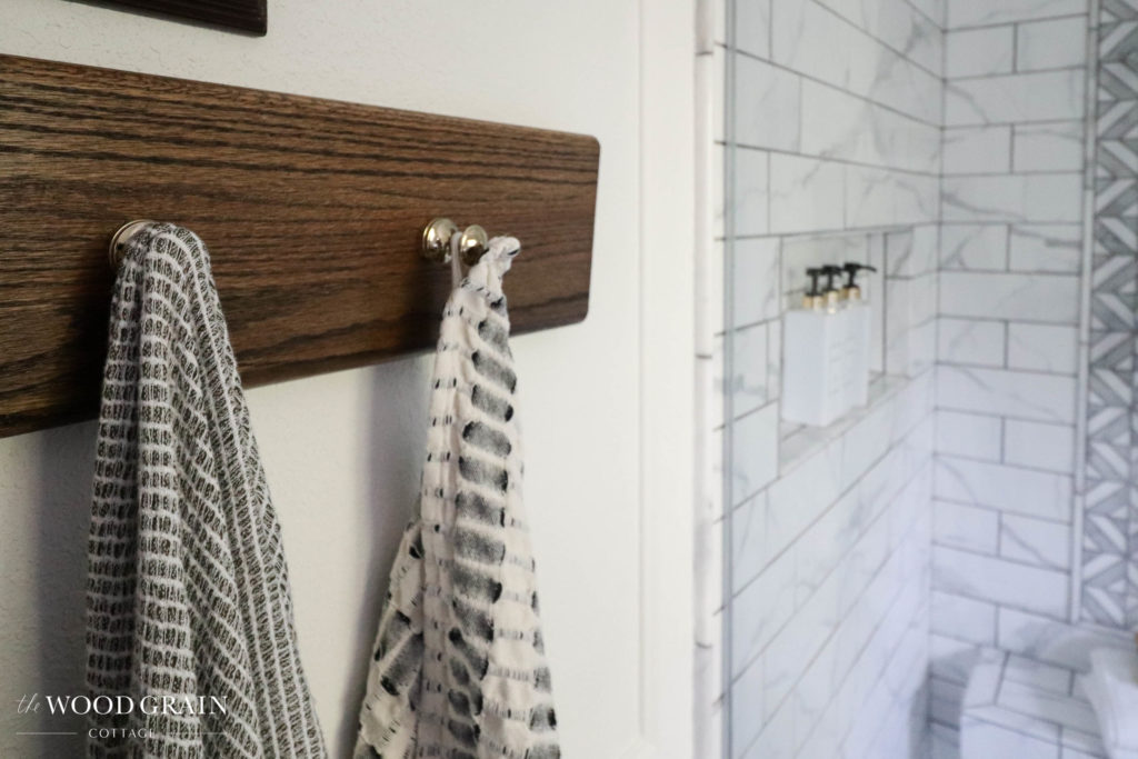 A picture of our wood towel rack. 