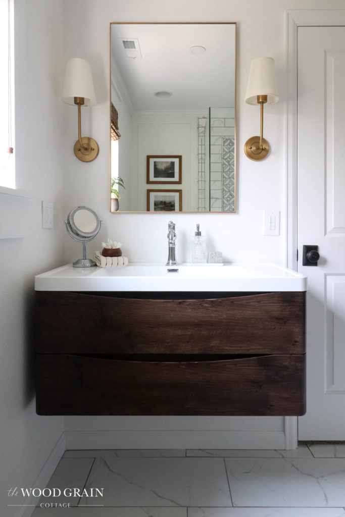 A picture of our finished master bathroom vanity area. 