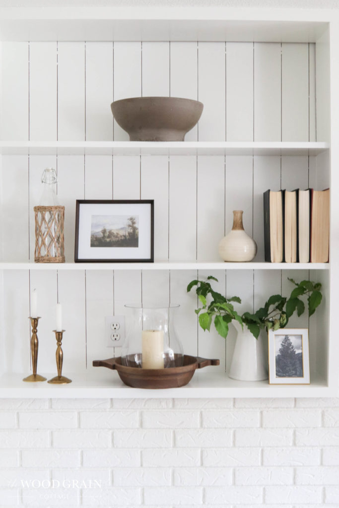 A picture of our open shelves decorated. 