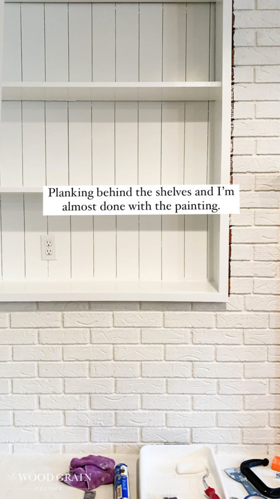 A picture of the planking installed and the shelves painted. 