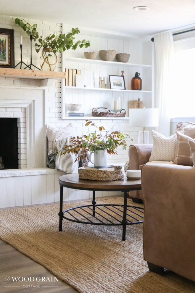 A picture of the finished living room fireplace makeover. 