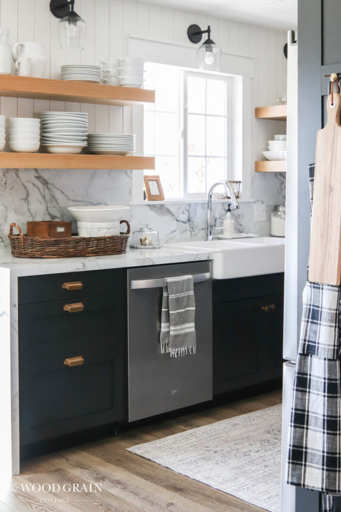 A picture of the open shelves in our kitchen. 