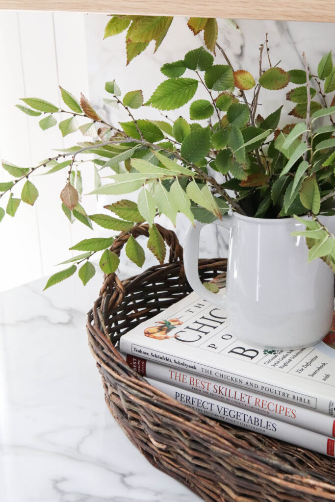 A picture showing fresh tree branch clippings in a white vase.
