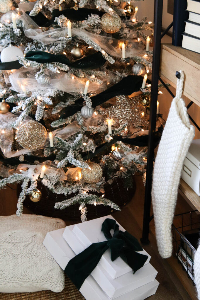 A close up picture showing the silver and gold Christmas tree. 