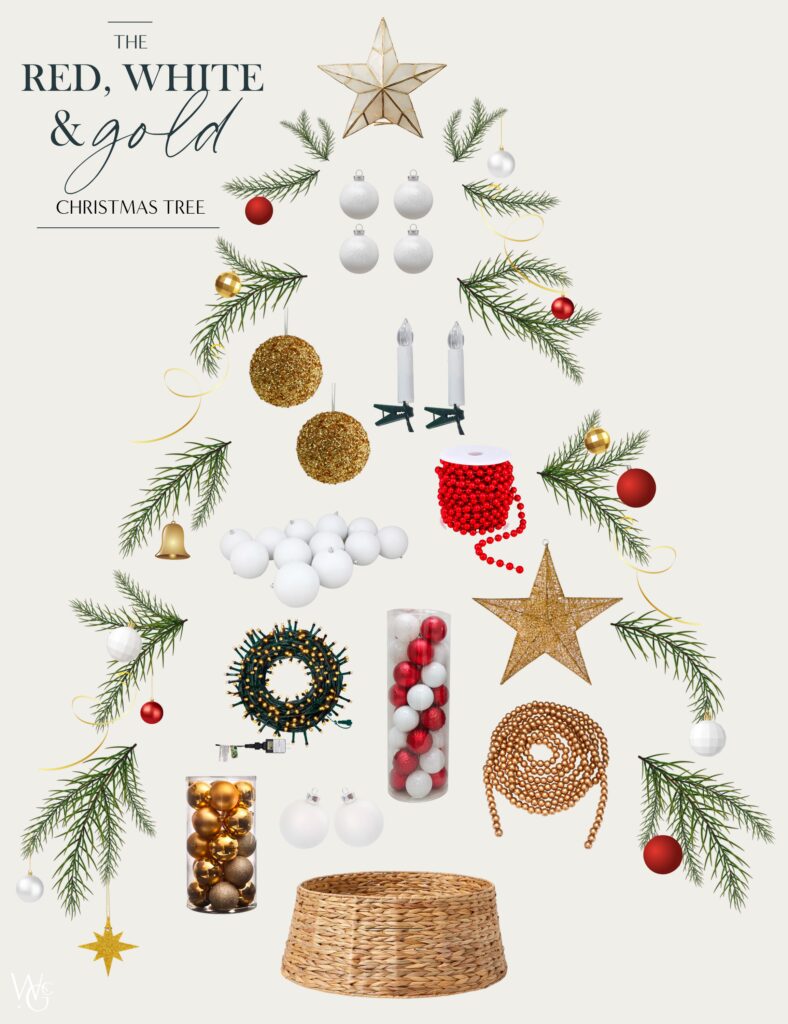 An image showing all the items to decorate the red, white and gold Christmas tree. 
