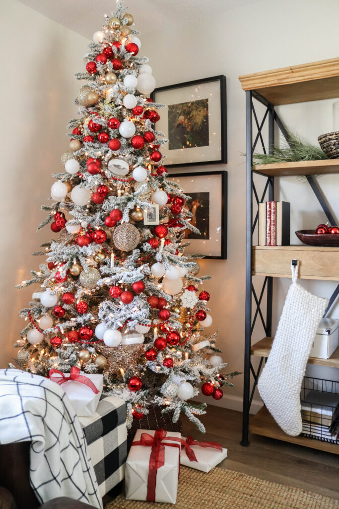 A picture showing my red, white and gold Christmas tree.