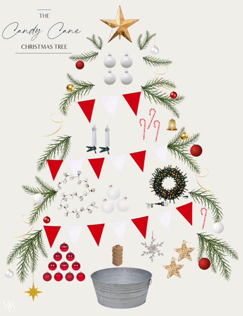 An image showing all the supplies to decorate the candy cane Christmas tree. 