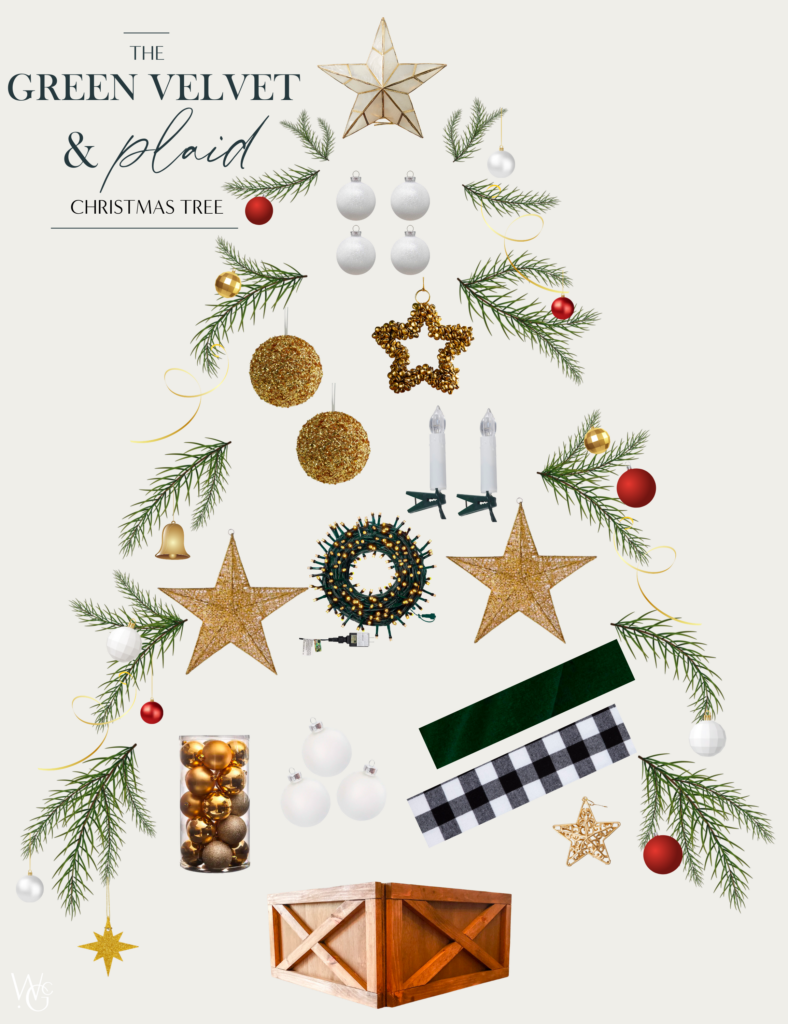 An image showing all the supplies to decorate the green velvet and plaid Christmas tree. 