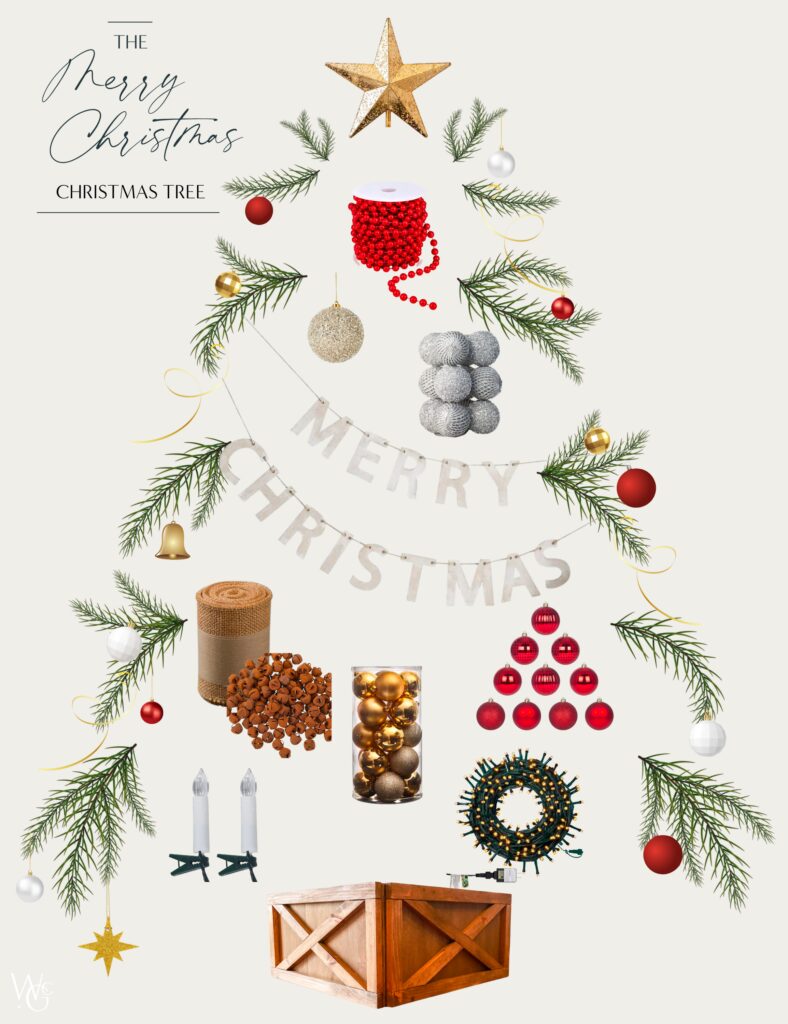 An image showing all the supplies to decorate the Merry Christmas tree. 