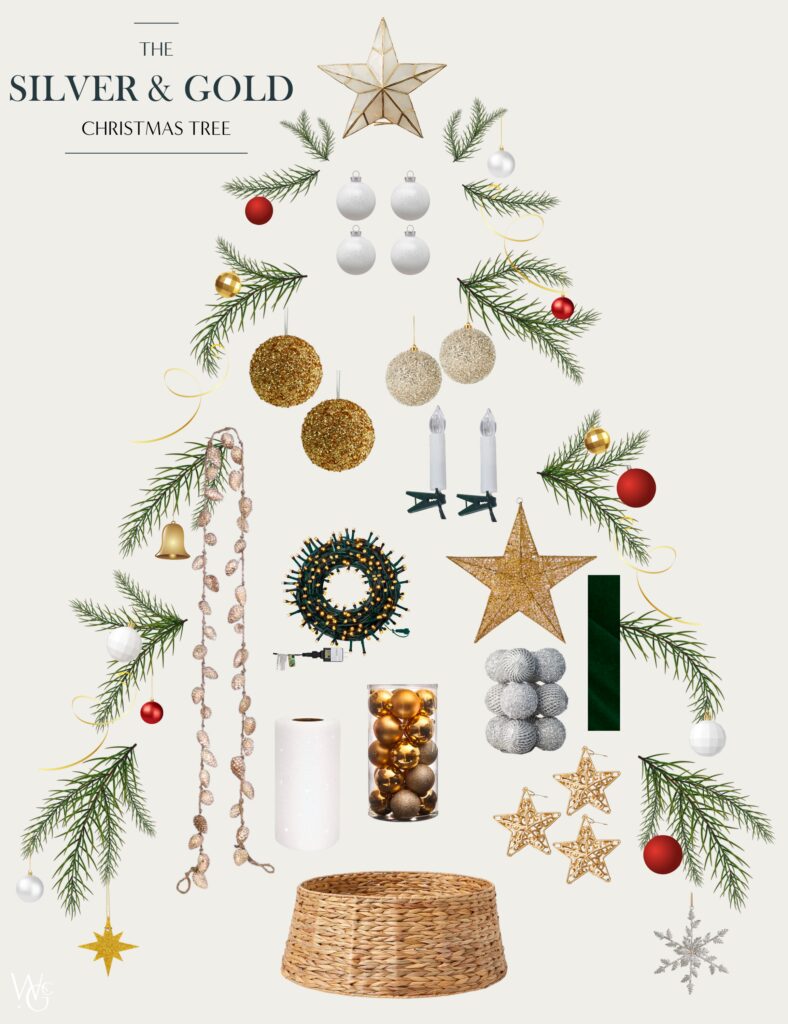 An image showing all the supplies to decorate the silver and gold Christmas tree.